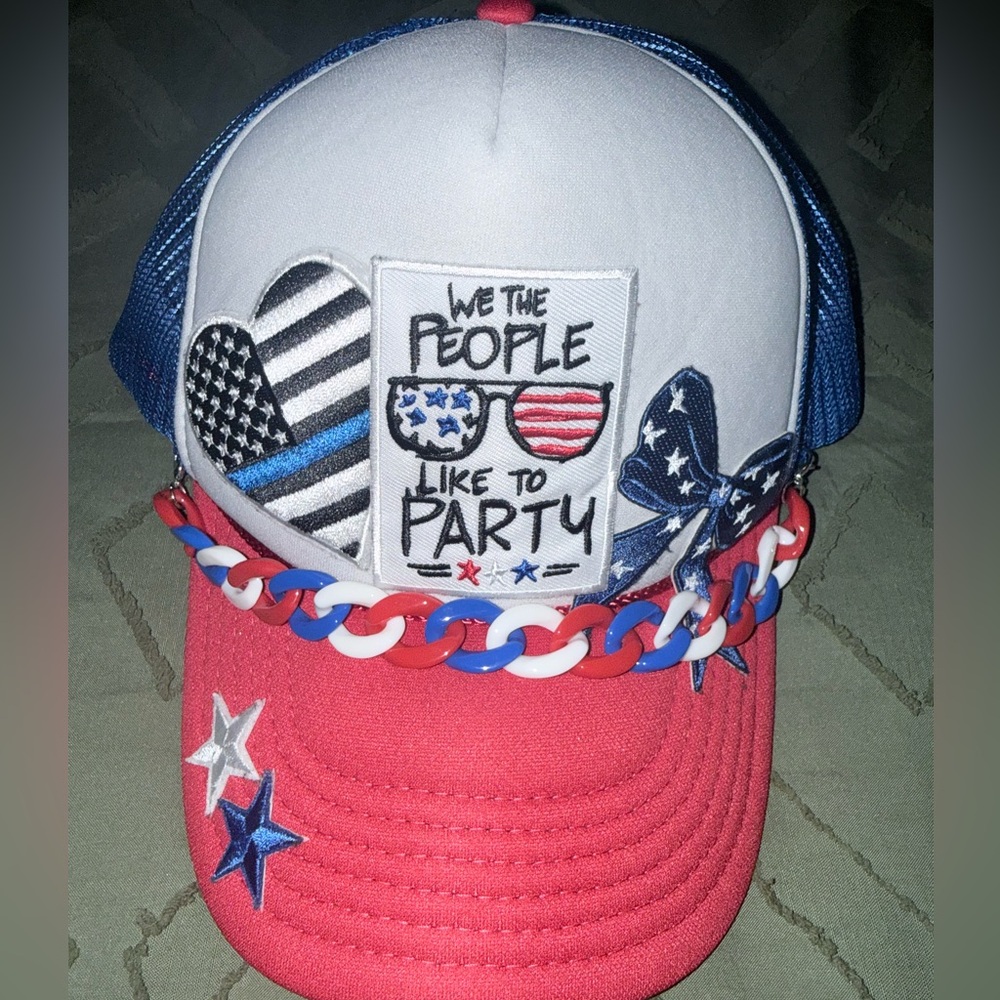 We the people. Red white and blue Trucker Hat with Embroidered Patch